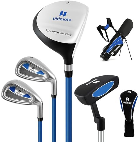 COSTWAY 5-teiliges Kinder Golfschläger Set, Golf Set Rechtshänder mit 3 Fairway, 7/9 Eisen, Putter, Regenhaube & Golftasche, Golfschlägersätze für Kinder von 8-10 Jahren (Blau)