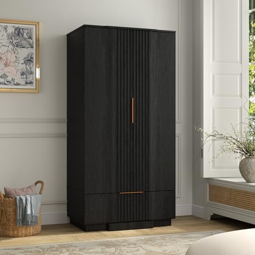 Yechen 67 Fluted Armoire Wardrobe Closet with Doors and Drawer, Wooden Wardrobe Closet Cabinet with Adjustable Shelve, Modern Small Armoires Storage Clothes, Coats for Bedroom, Black