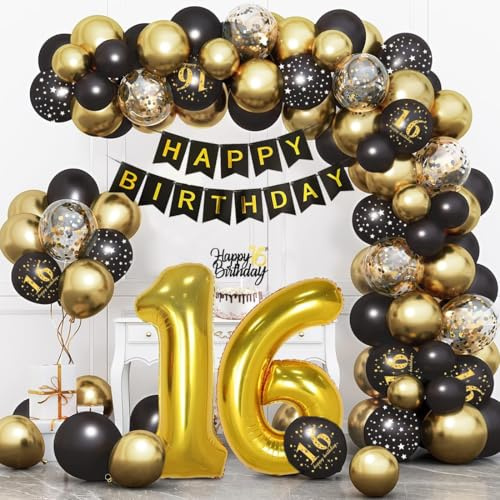 Ballonger 16-årig födelsedag svart guld, ballonger bågar 16 års födelsedag, svart guld festdekorationer för män kvinnor