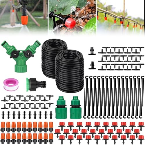 BARAKYEG Kit irrigazione 149 PCS per Giardino,Sistema Irrigazione del Giardino,Drip Irrigation Kit di Microirrigazione Automatici Regolabili,Flower Bed,terrazza Piante – 30 m,Adattto a Patio,Prato