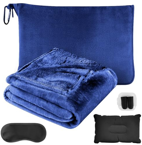 3-i-1 Resefilt och resekudde för flygplan och bil, multifunktionell kudde, mjuk och varm flygplansfilt, gosig filt, örngott, kompakt filt med ögonmask och öronproppar, 127 x 152 cm (blå)