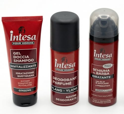 Set Viaggio Uomo 3 Pezzi Homme – Deodorante Ylang Ylang, Schiuma da Barba Olio di Avocado, Doccia Shampoo Ginseng 50 ml – Kit Uomo da Viaggio Bagaglio a Mano (1 kit)
