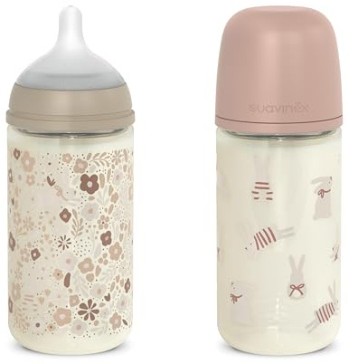 Suavinex, Pack 2 Biberones de Vidrio 240 ml, con Tetina Fisiológica SX Pro de Silicona, con válvula Anticólicos, de Flujo Medio (M), Líquidos Densidad Media, Agua o Leche, Bebés +3 Meses, Rosa, Beige