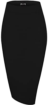 Urban CoCo Women's High Waist Stretch Ribbed Knit Pencil Skirt Midi Length with Side Slit Office Work Bodycon Style Black