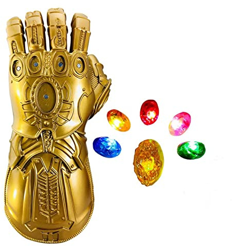 Infinity War Thanos Infinity Gauntlet with Electronic Detachable Glowing Infinity Stones Cosplay Halloween Prop PVC Gloves for Adult, Gold