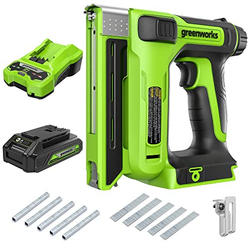 Clavadora inalámbrica Greenworks de 10 mm con batería de 2 Ah y cargador (Li-Ion, 24 V, grapadora y pistola de clavos, máx. 60 disparos por minuto, incluidos 500 clavos y 500 grapas)