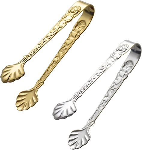 ANUBE 2 Stück Zuckerzange mit Rosengriff, Vintage-Rosenentlastung, Edelstahl, Zuckerzange, Silber und Gold, kleine Lebensmittelklammern für Tee- und Kaffeeparty