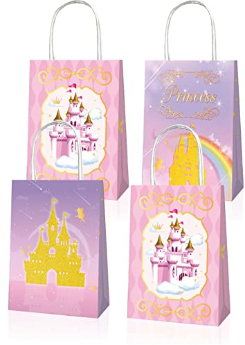 12 pièces Sacs de fête de princesse Sac de cadeau d'anniversaire de thème de princesse avec la poignée Sac de cadeau de château de princesse rose pour des filles les femmes