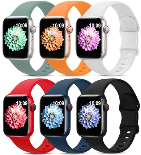 6-pack sportband kompatibla med Apple Watch Band 38 mm 40 mm 41 mm 42 mm 44 mm 45 mm, mjukt silikon vattentätt armband armband kompatibel med iWatch Apple Watch serie 7 6 5 4 3 2 1 SE kvinnor män