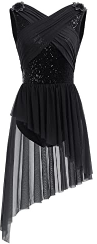 Odizli Robe de ballet asymétrique en tulle pour femme - Paillettes - Dos en U - Paillettes - Fleur - Robe de danse, Noir , XS