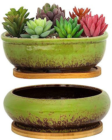 ARTKETTY Sukkulententententöpfe, Keramik-Sukkulenten-Übertöpfe mit Drainage-Bambus-Tablett, 1 rechteckiger Blumentopf + 1 runder Blumentopf für den Innenbereich, Kakteen, Bonsai-Pflanzen, Zuhause