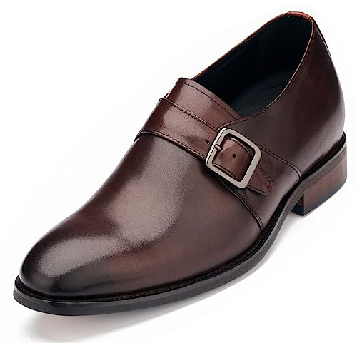 CALTO Men's Invisible Height Increasing Elevator Shoes - Cordovan Dark Brown Leather Slip-on Monk-Strap Dress Loafers - 2.8 Inches Taller - Y7256 - Size 8 UK