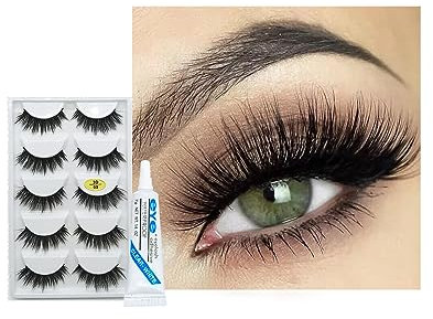 Lashes False Eyelashes,Fluffy Russian Eyelash 5 Pairs Strip with Glue, Volume Dramatic Fluffy Wispy Natural Eyelashes, 3D Thick Long Fake Lashes