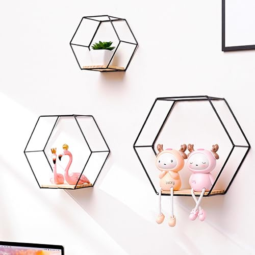 Lvpradior Lot de 3 étagères murales flottantes en métal à suspendre pour mur, étagères murales flottantes géométriques hexagonales décoratives pour chambre à coucher, salon, cuisine, bureau (noir)