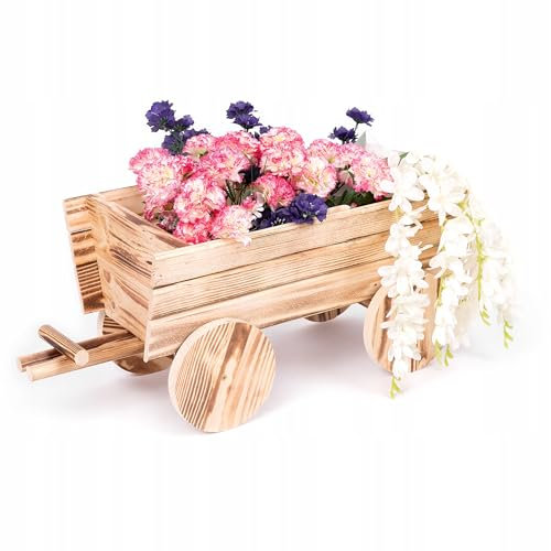 ECODECO Bollerwagen Holz Blumenständer für Draußen | Vintage Deko Garten Blumentopf Holz Outdoor Blumenwagen | Holzdeko Garten Blumenständer Balkon