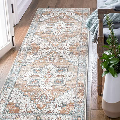 TOPICK Alfombra con estampado de flores, 60 x 210 cm, alfombra de pasillo, larga, bohemia, antideslizante, lavable, para salón, pasillo, cocina oriental, para dormitorio, cocina, baño, comedor,