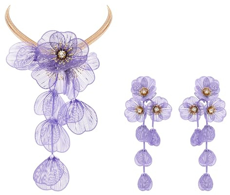 Clearine Collier de plage pour femme - Shiny Chic Floral Flower Statement bavoir Boucles d'oreilles Ensemble pour l'été Vacances à la Costume de bal, cristal