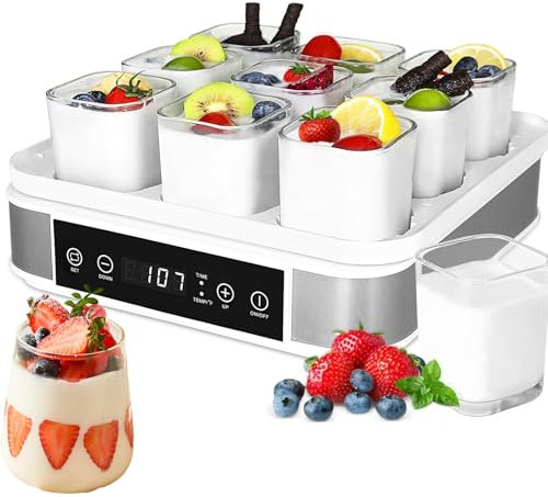 VoOqo Fully Automatic Yogurt Maker, Yogurt Maker with 9 x 170ml Glass Jars Lids,LCD Display Timer, 40W, Ideal for Homemade Individual Yoghurt Pots, Easy Cleaning Simple Operation
