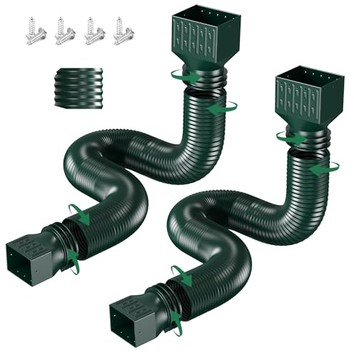 2 Pack Rain Gutter Downspout Extensions, Upgraded Flexible Drain Down Spout Extender for Rain Water Drainage, Each Extendable from 20 to 66, Combine to 10 ft with Connector(Green)