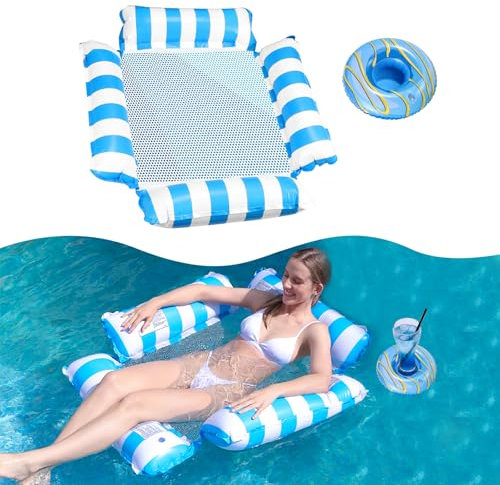 TAIHOBO Hamaca de Agua, 4 en 1 Hamaca Flotante Piscina, Hamaca Agua Fácil de Llevar, Hamaca Hinchable Piscina con 1 Posavasos Inflables, Colchoneta Red Piscina para Adultos y Niños