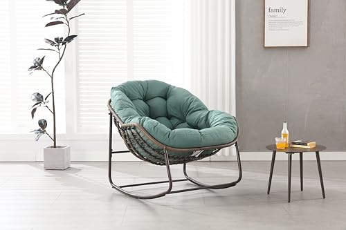 MURUL Mecedora de mimbre de gran tamaño para patio. Una cómoda mecedora para interior y exterior con cojín grueso, adecuada para balcón. Un sillón moderno (verde)