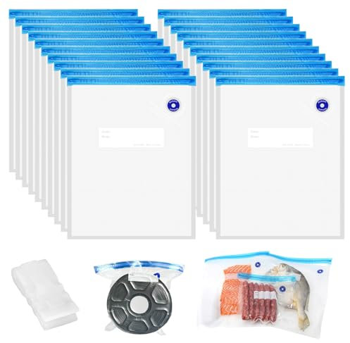 20 stycken fryspåsar återanvändbara 30 x 34 cm med ventil dragkedja och 2 tätningsklämmor filament vakuumpåse sats BPA-fri för livsmedelsförvaring, vakuummatlagning, 3D-skrivare glödtråd förvaring