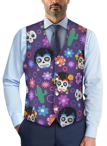 Tomeusey Chaleco de traje para hombre con cinturón ajustable, cuello en V, 4 botones, chaleco formal de negocios, S-4XL, Flor de calavera, M