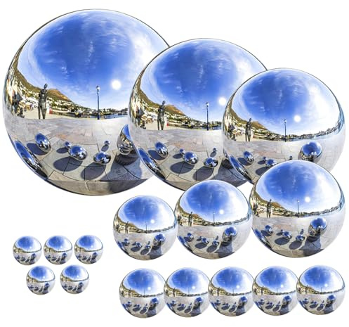 CUCUFA Skikningsboll, 16 st trädgårdsskådande glob spegelbollar, spegel i olika storlekar, rostfritt stål glänsande sfär, reflekterande boll