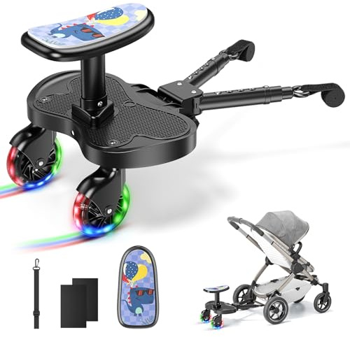 BugyKido Buggy Board mit LED-Rädern, Trittbrett für Kinderwagen mit Dinositz, für Kinder von 2 bis 6 Jahren (25kg), Kompatibel mit 99% Aller Kinderwagen