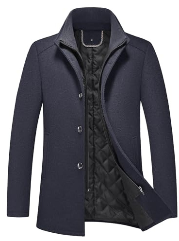 KUDORO Manteau Homme Mi-Long en Laine Chaud pour Hiver Col Montant Trench Coat Classique Parka Pardessus Caban Slim Fit Coup-Vent(Bleu Marin,XS)
