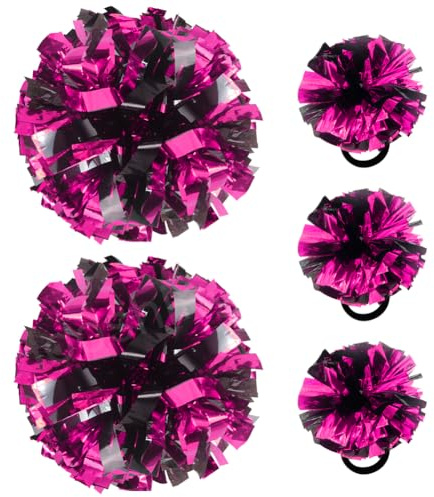 Hooshing 5PCS Cheerleading Pom Poms Black and Hot Pink Cheerleader Hair Ties Pompoms for Basketball Football Sports Team Spirits Birthday Festivals Party Adults Kids