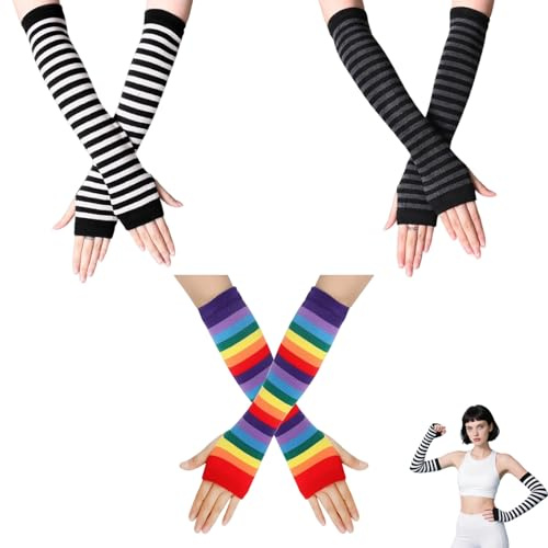 ZPLASK Arm Warmers, Long Fingerless Gloves for Cosplay and Daily Use, 3 Pairs Set in Black Grey Black White and Rainbow, Hand Warmers for Office Typing and Outdoor Activities