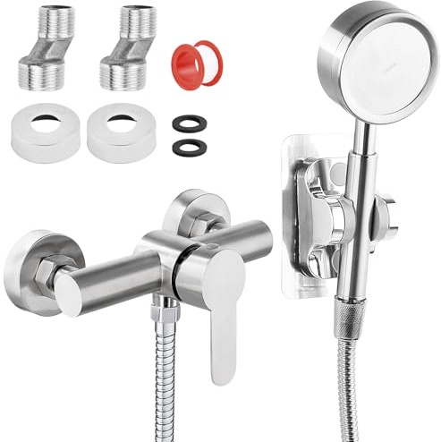 Mitigeur de Douche Mural, Robinet Douche Universel Acier inoxydable 304, Mitigeur monocommande Douche avec Douchette et Flexible de Douche (150cm) et Support