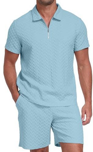 QIXING Mens Shorts and T Shirts Sets 2 Piece Summer Co Ord Outfits 1/4 Zip Polo Collar Shirt Casual Holiday Wear