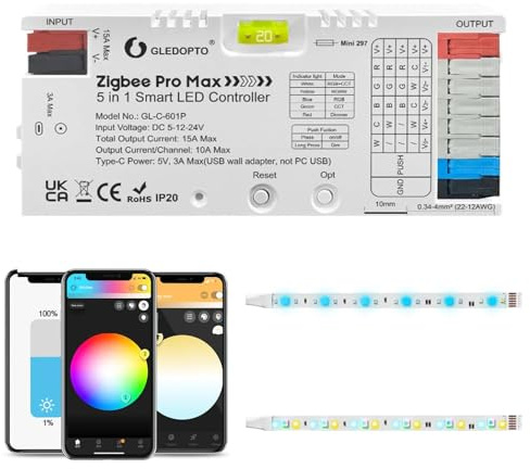 GLEDOPTO Pro Max ZigBee 5-i-1 RGBCCT RGBCCT RGB CCT LED-drivrutin med dimmer, vitt ljus, 20 A avtagbar säkring, kompatibel med Alexa, Hu*e, Tuya och Smart Life (601P)