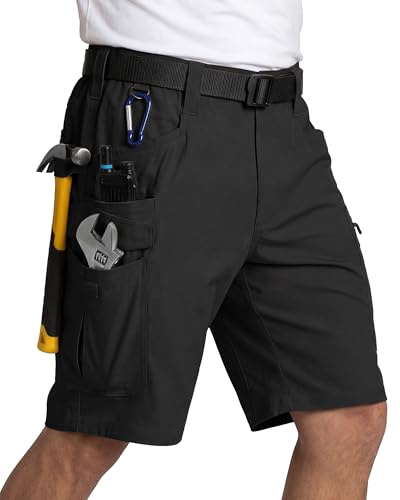 IGOLUMON Mens Work Shorts Cargo Shorts Multi Pockets Casual Shorts Workwear Semi-Elasticated Waist Summer Breathable Mens Combat Shorts Ripstop Fabric Black