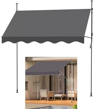 Infällbar uteplatsmarkis 250 x 120 cm manuell baldakin med kran, ingen borrinstallation, perfekt för trädgård, balkong, innergård – grå (350 x 120 cm alternativ tillgängligt)