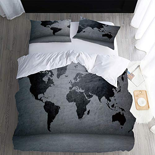 CLQPYQ Set Copripiumino Matrimoniale Invernale 260X240cm, Stampati in Mappa del Mondo Grigio 3D, 3 Pezzi Set di Biancheria da Letto in Microfibra : 1 Copripiumino E 2 Federe, per Bambini/Adulti
