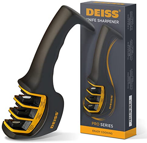 Deiss PRO Aiguiseur de couteaux de cuisine et de poche à 3 étapes – Affûteur manuel de lames de couteaux de qualité professionnelle pour la chasse et les couteaux en céramique (ORANGE)