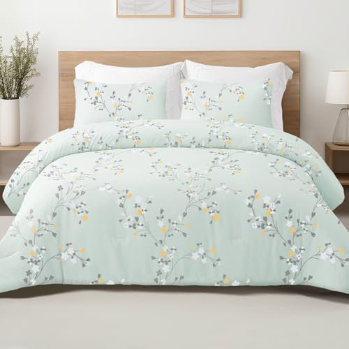 Exclusivo Mezcla Piumino letto Matrimoniale con 2 federe, Piumino trapuntato con motivo floreale per tutte le stagioni, leggero e caldo, 220x230 CM, Verde pallido