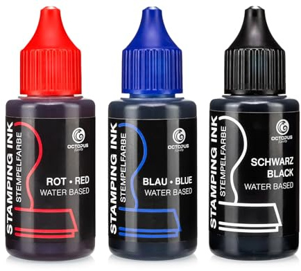Octopus Stämpelfärg för stämpelkuddar och självfärg utan olja, stämpelbläck svart, blå, röd, 3 x 30 ml
