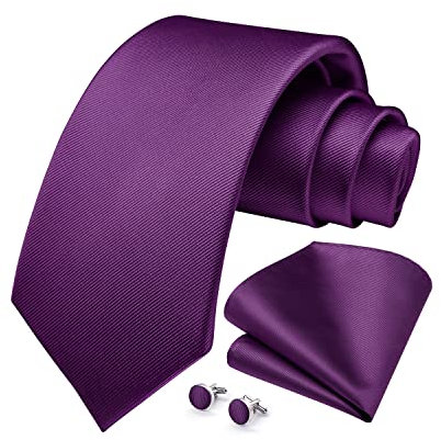 HISDERN Purple Twill Necktie for Men Wedding Party Pocket Square Cufflinks Tie Set Formal Business