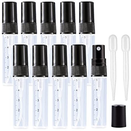 Apstaqeoo 10Pcs, 5Ml Empty Glass Spray Bottles with Scale - Clear Mini Sample Perfume Atomizer Vial Travel Bottles Set with Fine Mist Sprayer & Black Dust Cap Perfect for Fragrance, Essential Oils