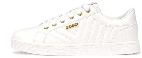 LUCKY STEP Rhinestone Sneakers Lace up | Fashion Sneakers | Sparkly Shoes for Women(White PU,8.5 B(M) US)