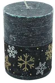 Dekorativa hjältar 24 svarta – stumpljus rustik med snöflingor och glitter i presentfolie med rosett, H/Ø 8 cm x 6 cm, 195 g.