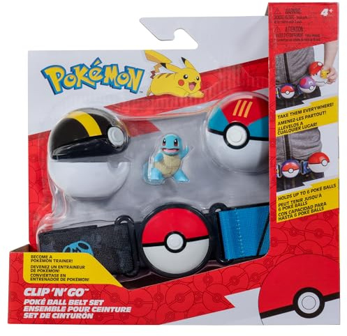 Pokémon Juego de cinturón Clip 'N' Go Incluye un cinturón temático y una Figura de acción Squirtle de 5 cm con Accesorios de Ultra Bola y Bola Anzuelo