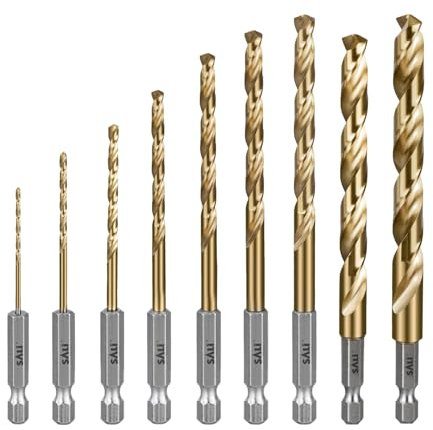 SALI Juego de brocas HSS de 9 piezas mango hexagonal brocas de alta velocidad Ø 1,5-10 mm juego de brocas con recubrimiento de titanio cambio rápido 1/4 mango hexagonal brocas helicoidales