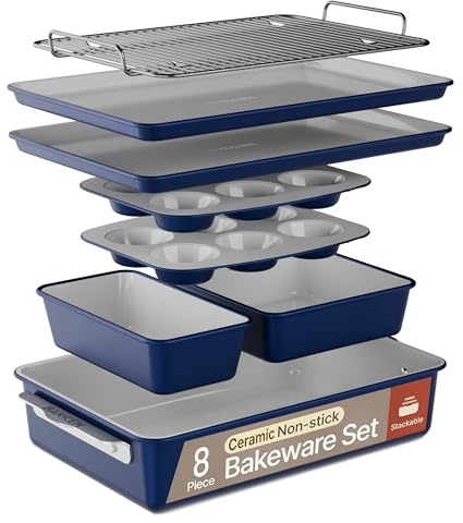 Bakken 8-Piece Stackable Bakeware Set – Ceramic Non-Stick, Oven-Safe Baking Sheets & Pans, PTFE/PFOA/PFOS-Free, Ergonomic Handles, Includes Cooling Rack – Healthy, Non-Toxic Baking Essentials