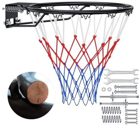 Arijam Massiver Basketballkorb, Ø46 cm Ersatz Wand montiert Outdoor-Basketballkorb, Heavy Duty Stahl, Doppelter Feder-Rahmen mit Allwetter-Netz für Innen-und Außenbereich hängen