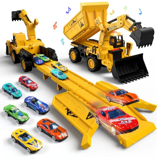 DWIRCTOYS Construction Toy, Dump Truck & Excavator Set with Launch Track